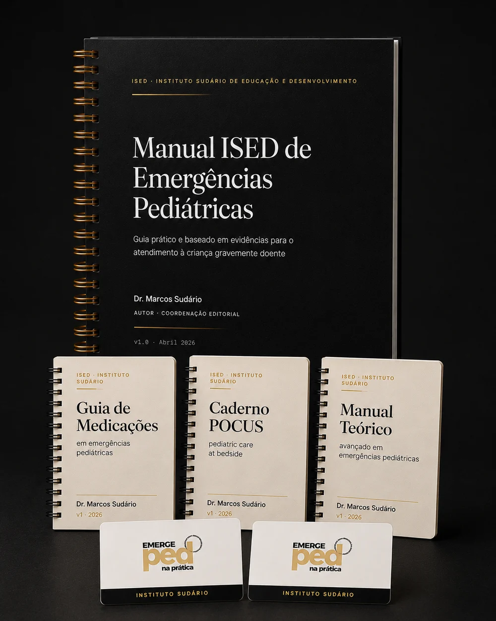Kit Premium Emerge Ped — Manual capa dura, 3 manuais bonus em formato pocket (Guia de Medicações, Caderno POCUS, Manual Teórico Avançado) e 2 cards de acesso rápido